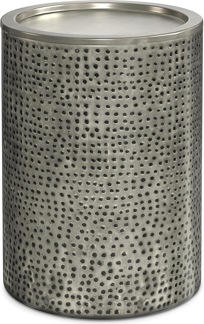 SIMPLIHOME Corbin 16 inch Wide Metal Side Table in Hammered Antique Silver, Round Drum Design End Table for Living Room, Family Room, or Entryway, Industrial Style, Assembled