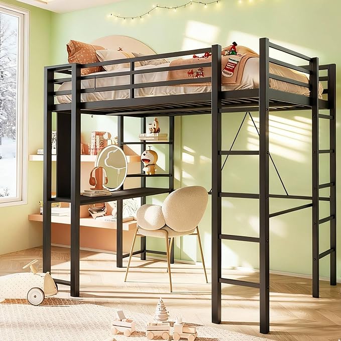 SUNLEI Metal Twin Loft Bed with Desk, Twin Size Loft Bed with 2 Built-in Ladders & Safety Guard, for Small Bedroom Noise Free, Charcoal Black