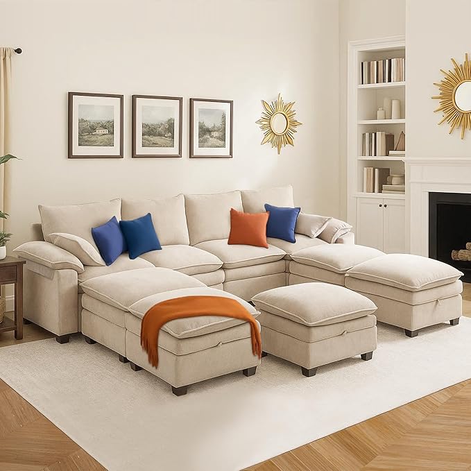 130" U Shaped Modular Sectional Sofa, Couch with Ottoman Storage, Chenille Cloud Couch with Plush Deep Seating for Living Room, Bedroom (9 Seat, Beige)