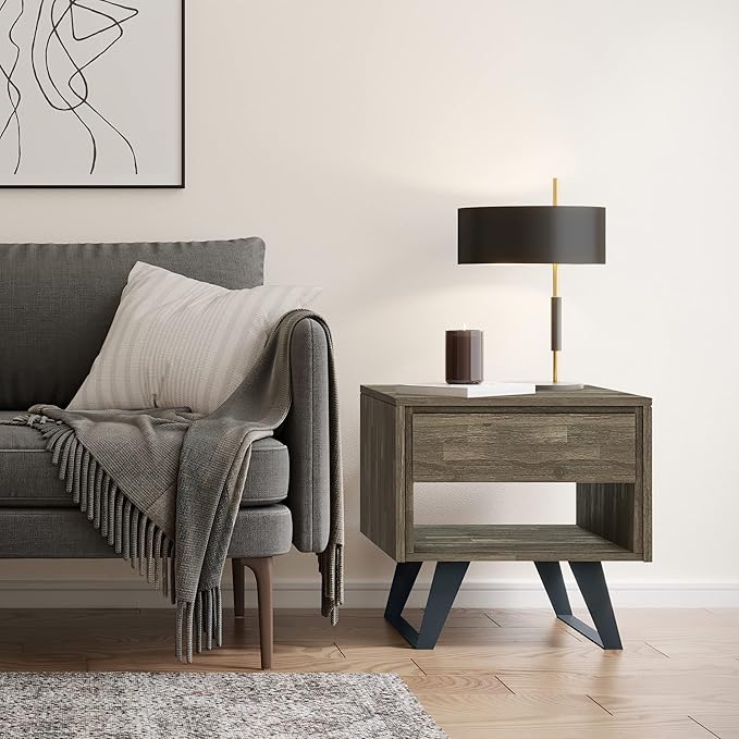 SIMPLIHOME Lowry SOLID ACACIA WOOD and Metal 22 Inch Wide Square Modern Industrial End Side Table in Distressed Grey, For the Living Room and Bedroom
