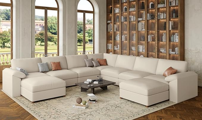 EASE MOOSE Oversized U Shaped Couch,Modular Sectional Convertible Sofa with Wide Deep,Extra Large Faux Leather Scratch Resistant Modern Couch for Big Spaces Living Room,Beige