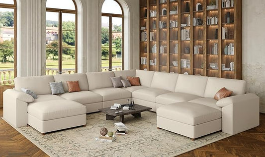 EASE MOOSE Oversized U Shaped Couch,Modular Sectional Convertible Sofa with Wide Deep,Extra Large Faux Leather Scratch Resistant Modern Couch for Big Spaces Living Room,Beige