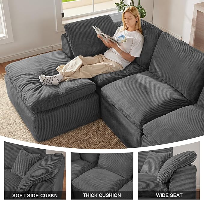 112" Cloud Sectional Couch, Boneless Couches for Living Room, L Shaped Couch with Convertible Ottoman, Modular Sectional Sofa with Deep Seat, Comfy Soft Cushions, No Assembly, Gray