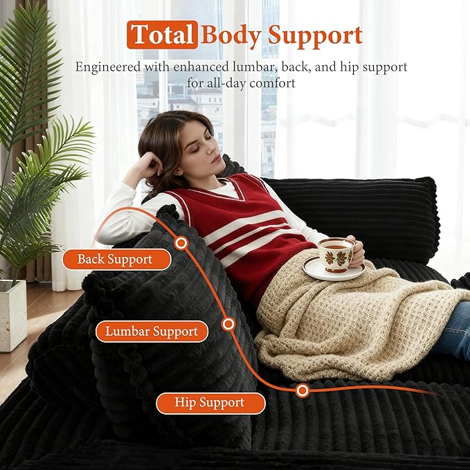 108" Sectional Couches for Living Room Boneless Couch Upholstered Cloud Couch Sectional Modular Sectional Sofa with L Shaped (Corduroy-Black, 3 Seat+2 Ottoman)