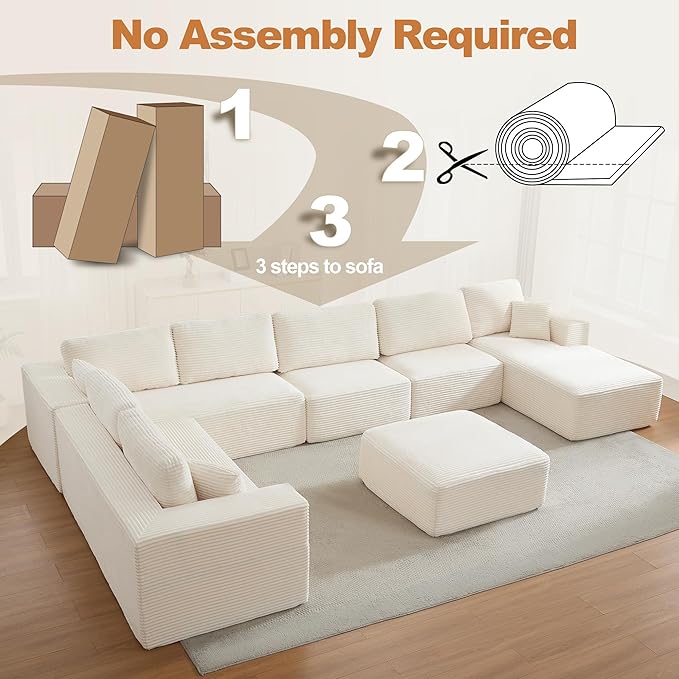 Modular Sectional Cloud Couch for Living Room,Modern Boneless Couche Set with Plush Corduroy,Comfy Floor Sofa with Memory Foam,Stupendous U Shaped Sofa with Ottoman,No Assembly Required,Beige