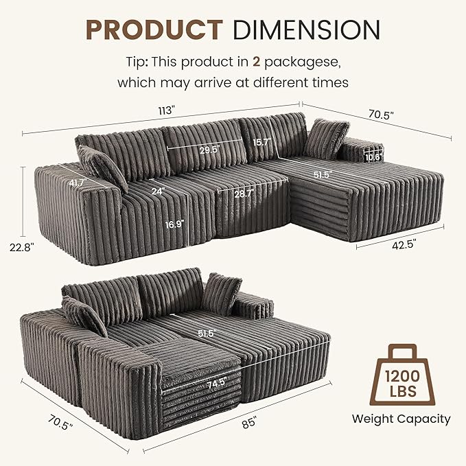 Apicizon 113" Modular Sectional Couch for Living Room, L Shaped Sectional Sofa Couch with Deep Seat, 3 Seat Boneless Sofa with Chaise Longue for Apartment，No Assembly Required (Plush Corduroy Gray)