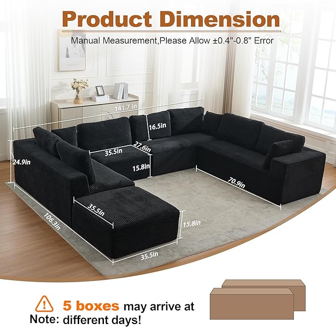 Modular Sectional Cloud Couch for Living Room,Modern Boneless Couche Set with Plush Corduroy,Comfy Floor Sofa with Memory Foam,Stupendous U Shaped Sofa with Chaise,No Assembly Required,Black