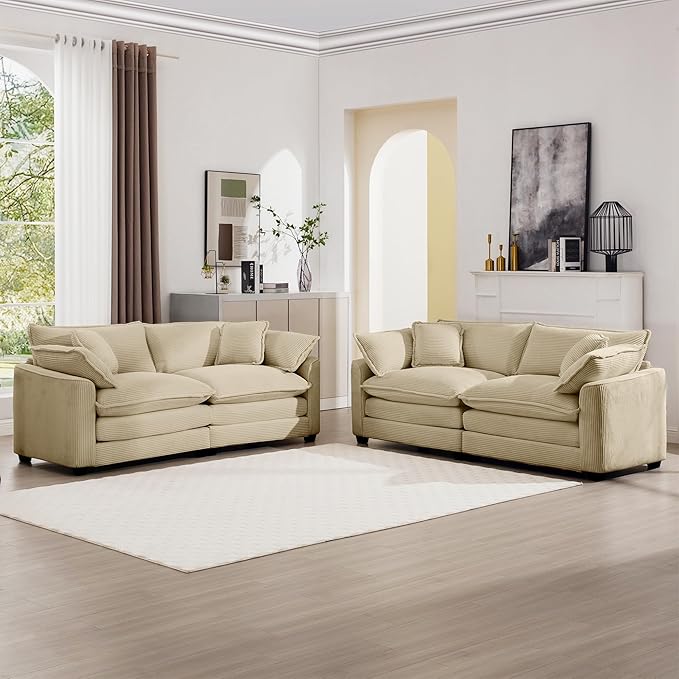 mikibama Luxury 2 Piece Sofa Set, 2 Pieces of Loveseat Couch, Modern Corduroy Comfy Cloud Couches Set for Living Room Office with 4 Armrest Pillows and 4 Toss Pillows, Camel