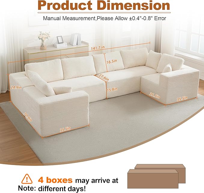 Modular Sectional Cloud Couch for Living Room,Modern Boneless Couche Set with Plush Corduroy,Comfy Floor Sofa with Memory Foam,Stupendous U Shaped Sofa,No Assembly Required,Beige