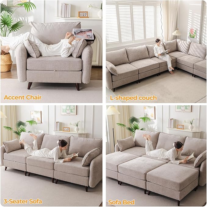 104'' Modular Sectional Sofa with All Seats Storage, Oversized U Shaped Couch for Living Room,3-Seater Comfy Cloud Couches with Movable Ottoman,Big Sectional for Bedroom,Velet,Khaki