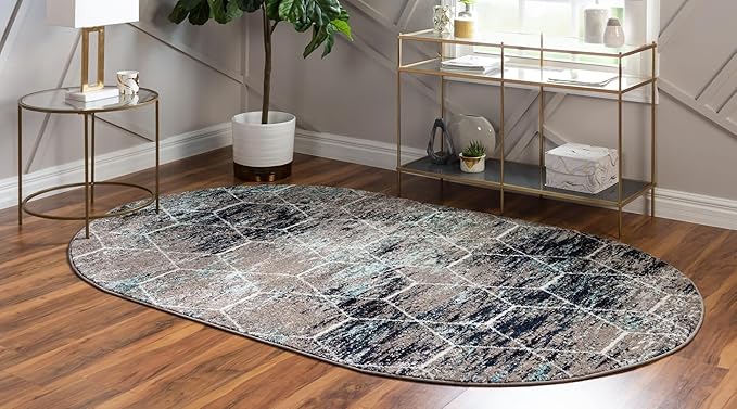 Unique Loom Trellis Frieze Collection Area Rug - Geometric (3' x 5' Oval, Blue Multi/ Ivory)
