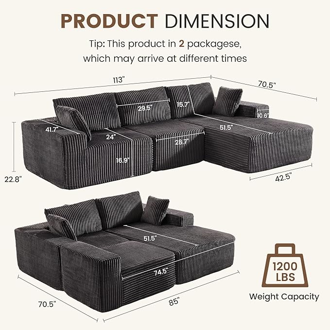 Apicizon 113" Sectional Sofa Couch for Living Room, 3 Seat Boneless Sofa with Chaise Longue, L-Shape Modular Sectional Couches with Deep Seat for Apartment，No Assembly Required (Stripe Corduroy Gray)
