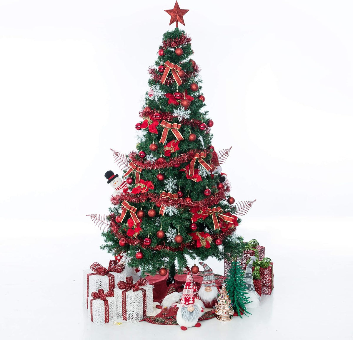 Sunnyglade 94 PCS Christmas Tree Ornaments Set with Glitter Poinsettia, Bows, Ribbons, Leaves & Assorted Decoration Ball for Xmas Tree Holiday Wedding Party Decorations (Red)