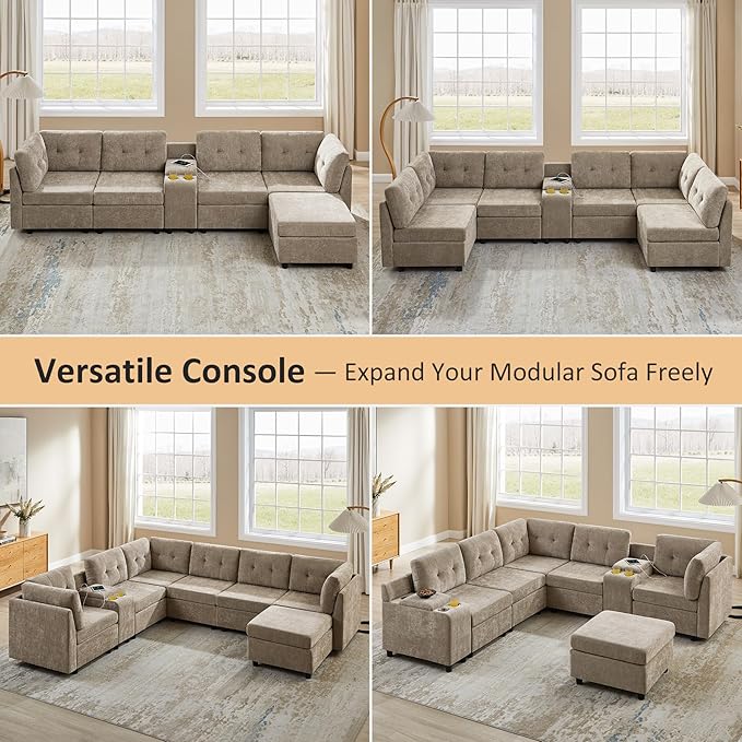VANOMi 6 Seat Modular Cloud Sofa with 2 Ottomans, 118" Convertible Modular Sectional Sofa Bed, Comfy Chenille Sofas & Couches for Living Room, Apartment, Office, Camel, Large Sofa Bed