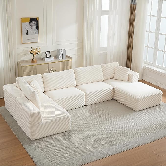 Modular Sectional Cloud Couch for Living Room,Modern Boneless Couche Set with Plush Corduroy,Comfy Floor Sofa with Memory Foam,Stupendous U Shaped Sofa with Ottoman,No Assembly Required,Beige