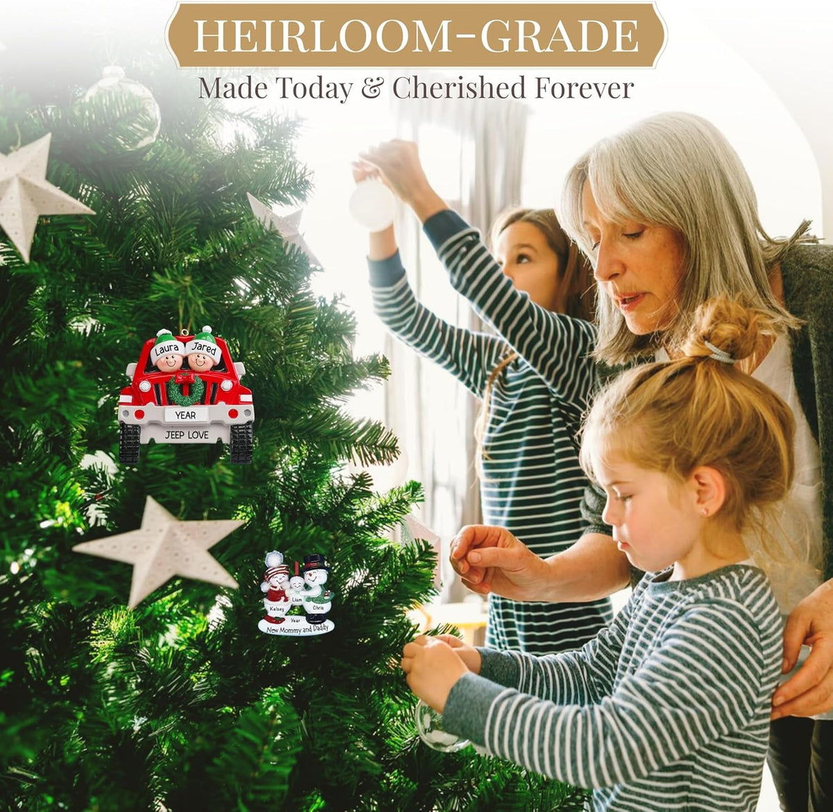 Personalized Large Family of 15 Ornament 2025 | Free 24h Customization | Christmas Ornaments for Tree | Custom Gift Wrapped Green Glitter Keepsake for Fifteen Persons