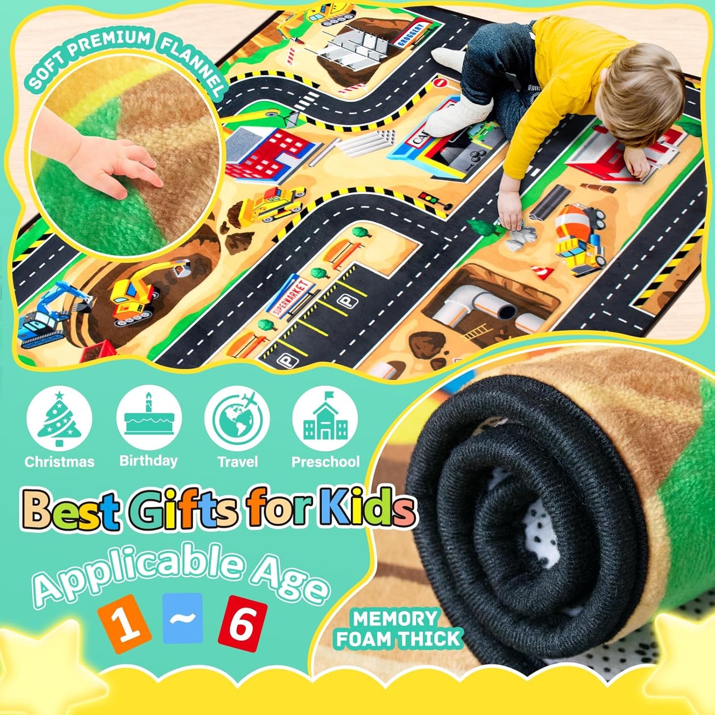 Kids 5x7 Ft Construction Site Play Rug, Baby Play Mat, Tufted Wool & Rubber, Non-Slip, Stain & Fade Resistant, Machine Washable, Rustic Cartoon Construction Site Pattern