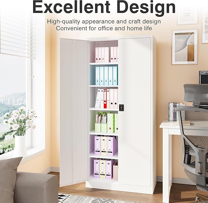 SISESOL Wide & Deep Metal Storage Storage Cabinet with 5 Adjustable Shelves,White Metal Cabinet with Lock,Steel Pantry Cabinets,72" Lockable Cabinets for Home,Office,Garage,Kitchen,Shop