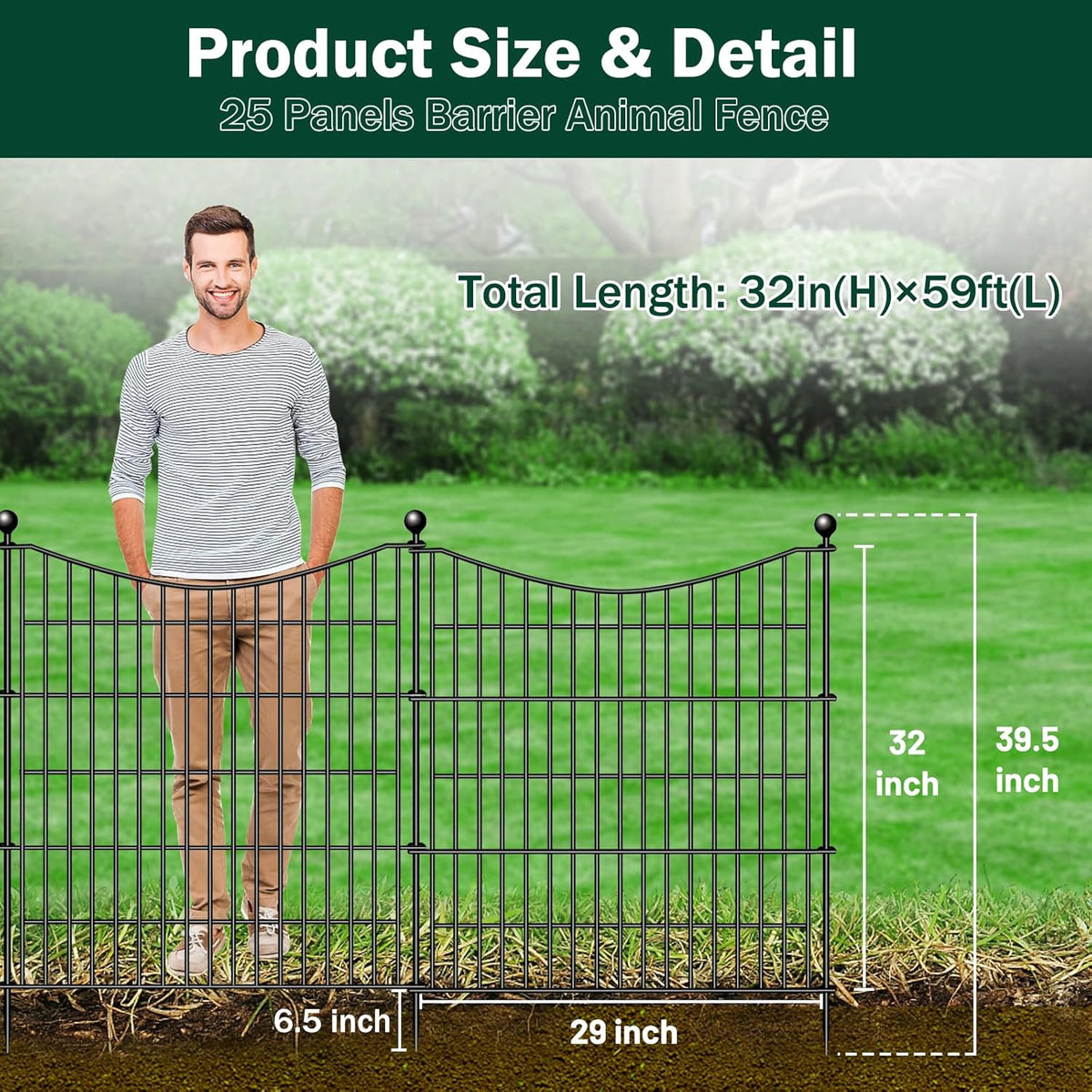 25 Panels Decorative Garden Fence with Gate, 32 in(H) X 59 ft(L) No Dig Dog Fence Animal Barrier Outdoor for Yard, Rustproof Metal Garden Edging and Borders, Temporary Fencing Stakes