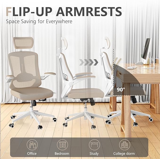 Office Chair,Ergonomic Comfy Home Desk Chair with 350LBS Capacity,High Back Gaming Chair with Wheels,Mesh Computer Chair,Lumbar Support, Adjustable Headrest,Flip-up Armrest