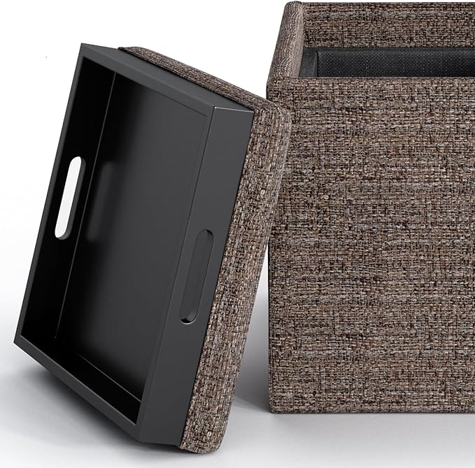 SIMPLIHOME Rockwood 18 inch Wide Contemporary Square Cube Storage Ottoman with Tray in Mink Brown Tweed Look Fabric, Assembled, For the Living Room, Entryway and Family Room