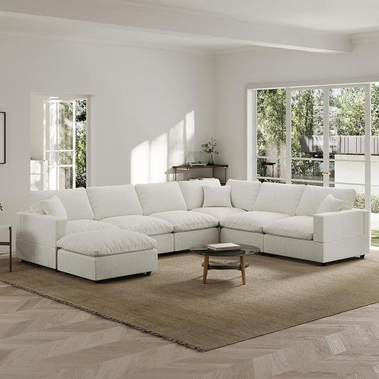Modern Sectional Linen Couch for Living Room V-Shape Sofas,7 Seat Modular Cloud Sofas,Couches Cushion Covers Removable,Cozy Feather Down Sofa for Apartment Cream White