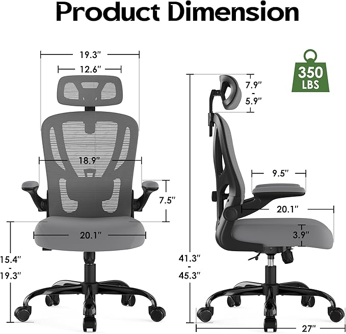 Office Chair Ergonomic Desk Chair - Mesh High Back Office Chair with Headrests Wheels Lumbar Support Home Desk Office Chairs Flip up Armrest Executive Rolling Swivel Task Computer Chair Gray