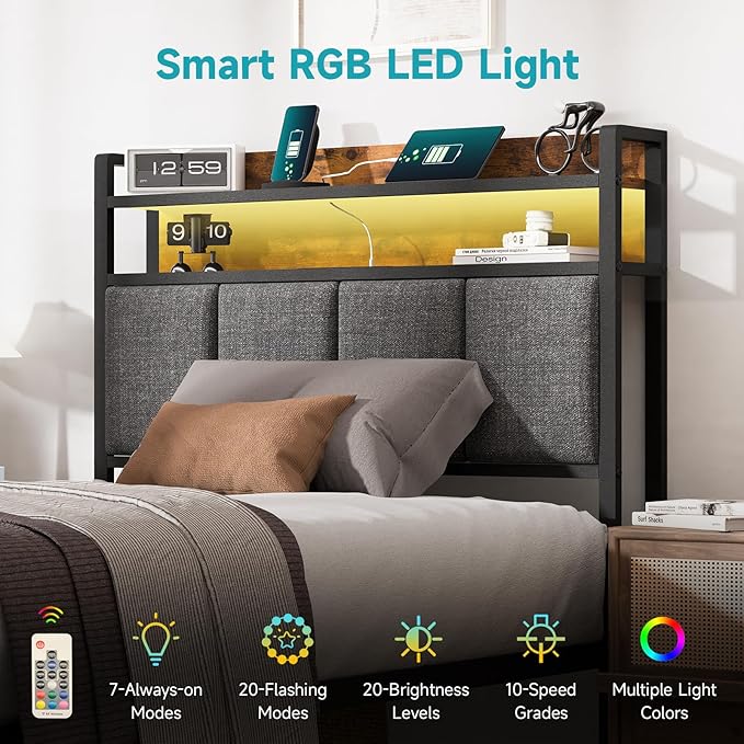 Z-hom Twin Bed Frames, Twin Bed Frame with 2-Tier Storage Upholstered Headboard, Metal Platform with USB Charging Station & LED Lights, Noise Free, No Box Spring Needed, Easy Assembly, Vintage Brown