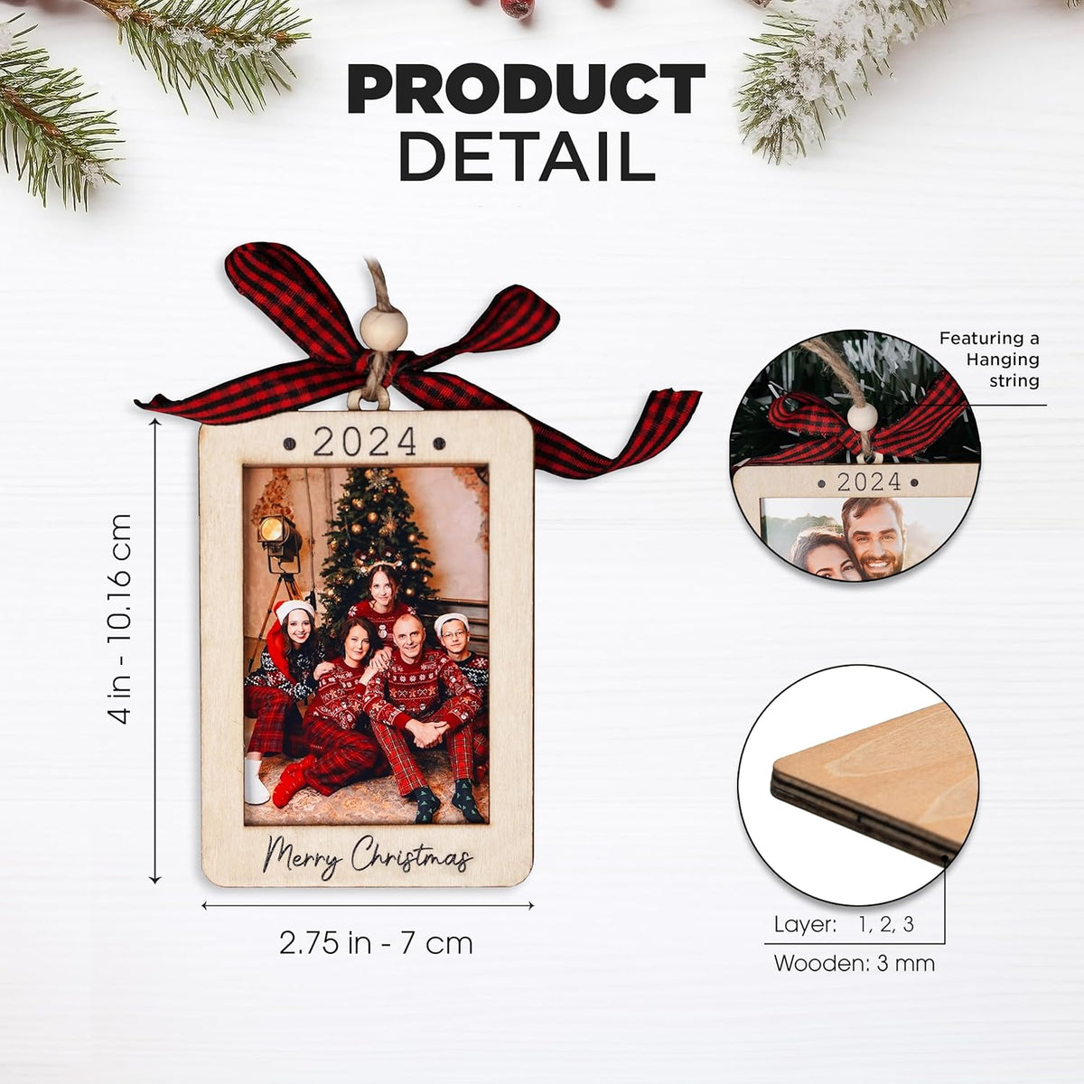 Christmas Photo Frame Ornament, 2024 Ornament, Wooden Picture Frame Ornaments With Hanging String (Merry Christmas (Portrait))