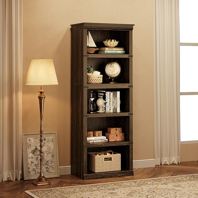 IDEALHOUSE 5 Tier Bookcase, Farmhouse Book Shelf with Storage, Tall Book Case Wooden 5 Shelf Bookcase for Home Office, Living Room, Bed Room(Oak, 67.4" H x 24.6" W x 12.8" D)
