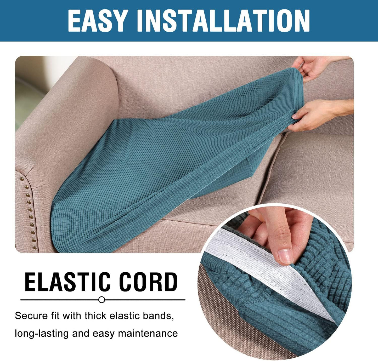 H.VERSAILTEX Super Stretch Individual Seat Cushion Covers Sofa Covers Couch Cushion Covers Slipcover Sets Thick Jacquard Textured Twill Fabric (2 Piece Medium Sofa Cushion Covers, Storm Blue)