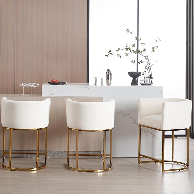 Contemporary Cream Velvet Bar Stools Set of 3, 24" Upholstered Fabric Counter Height Barstools Kitchen Counter Island Stools with Golden Metal Base