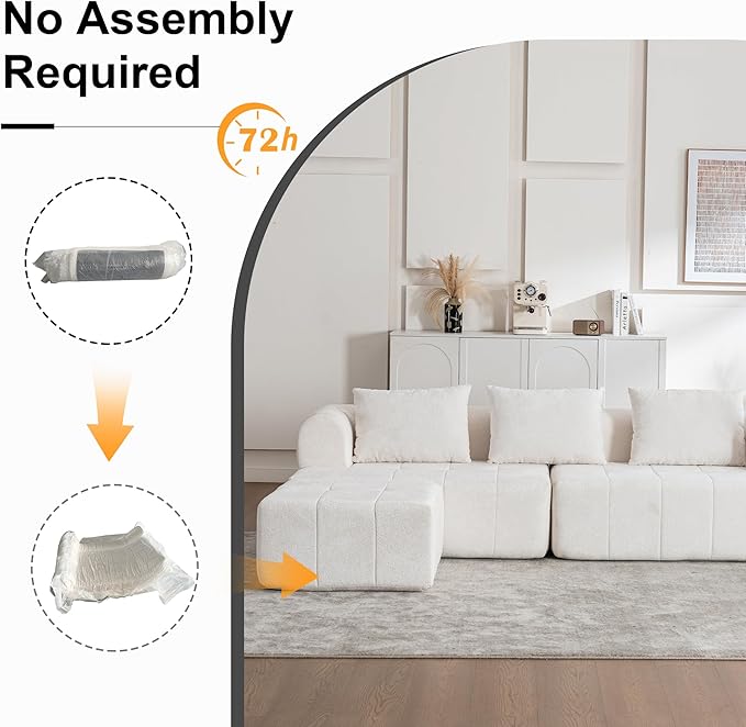 95" Modern Cloud Sectional Sofa Couch, Modular L-Shaped Sofas with Deep Seat and Chaise Ottoman, Chenille Boneless Tufted Couches for Living Room, No Assembly Required, Ivory