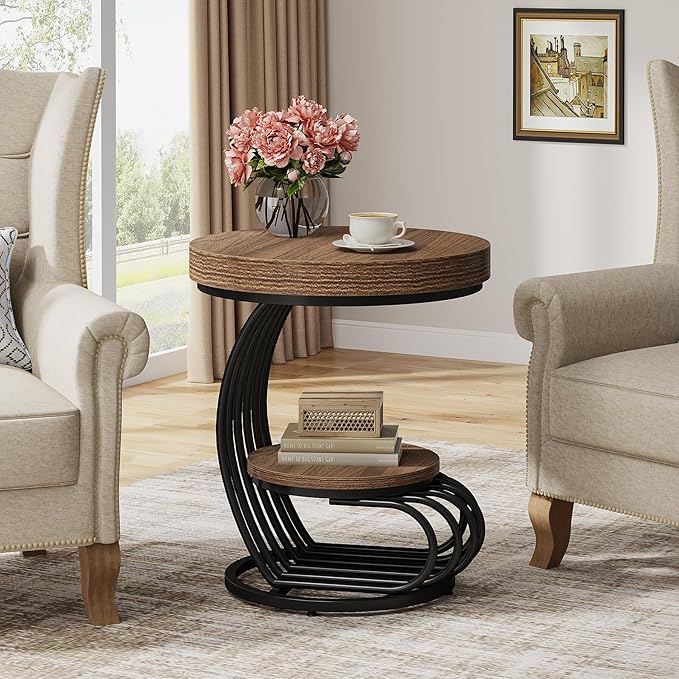 Tribesigns Round End Table Set of 2, 2-Tier Farmhose Wood Side Table with Shelf Storage, Small Sofa Side Bedside Nightstand, Accent Furniture for Living Room, Light Brown