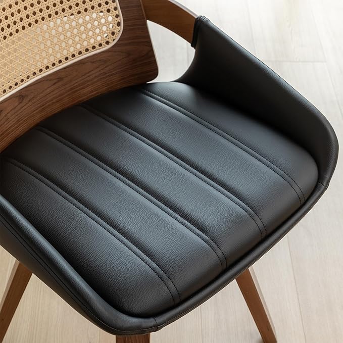 Set of 4 Kitchen & Dining Room Chairs - Swivel Dining Chairs with Cane Back, Walnut Bentwood Frame, Faux Leather Seat, Arms, Versatile for Conference/Kitchen/Restaurant/Living Room (Walnut Black)