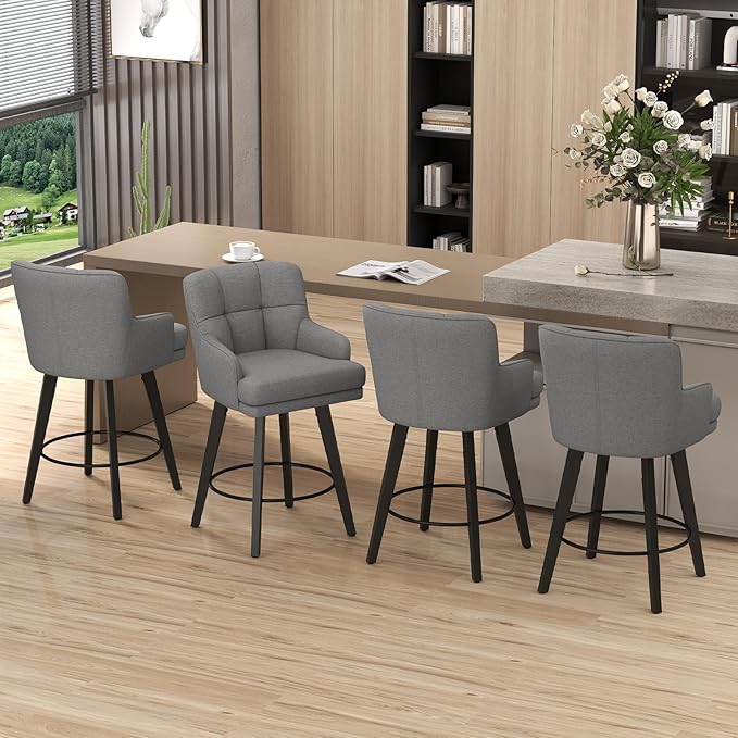 360°Swivel Counter Height Bar Stools with Back, 26 inch Solid Wood Legs, Bar Stool Modern Kitchen Island Chairs, Fabric (Mid-Grey- Fabric, 26" H- Set of 4)