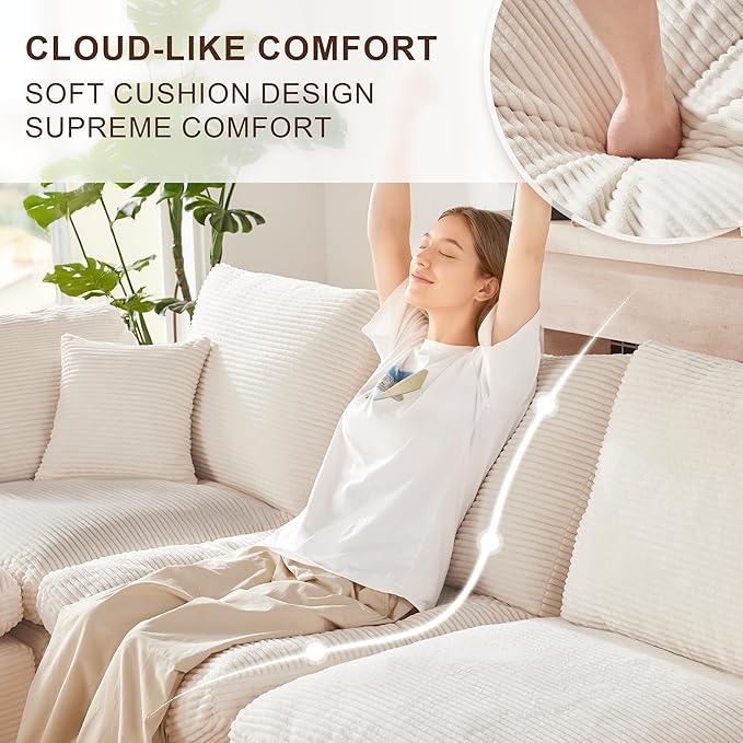 143" Cloud Sectional Couch, Boneless couches for Living Room，U Shaped Couch with Convertible Ottoman, Modular Sectional Sofa with Deep Seat, Comfy Soft Cushions, No Assembly, Beige