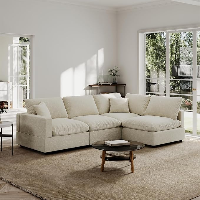 Modern Sectional Linen Couch for Living Room L-Shape Sofas,4 Seat Modular Cloud Sofas,Detachable Couch Cushion Covers,Cozy Feather Down Sofa for Apartment Beige