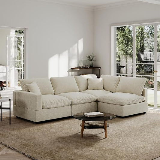 Modern Sectional Linen Couch for Living Room L-Shape Sofas,4 Seat Modular Cloud Sofas,Detachable Couch Cushion Covers,Cozy Feather Down Sofa for Apartment Beige