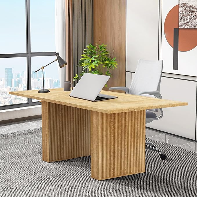 LEVNARY 78 Inch Long Executive Desk, Large Office Desk with Wood Strip Base, Modern Farmhouse Computer Desk Business Furniture for Home Office (Natural Oak)