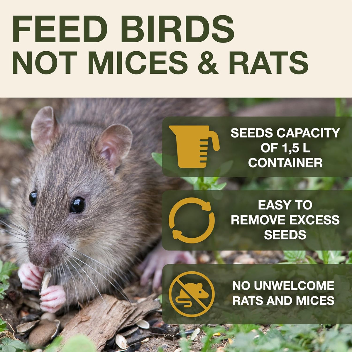 SWISSINNO No Mess Bird Feeder Davos Smart Birds - No Spill Bird Feeder for Outdoor - Mice & Rat Proof - Robust & Reliable for Hanging - Dual Food Chambers - Made in EU - Green