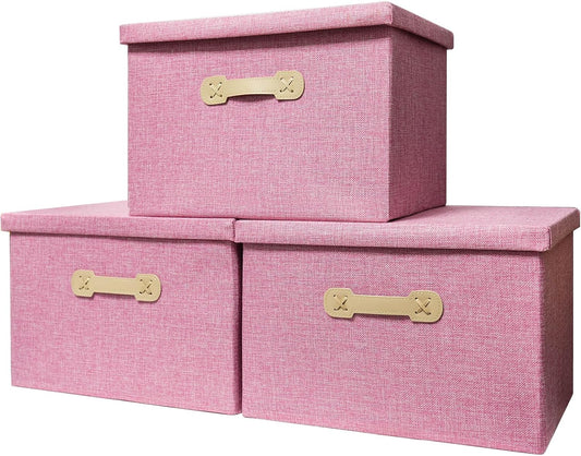 Enzk&Unity Decorative Storage Bins with Lids, Fabric Linen Foldable Storage Box with Handle Home Organizer for Shelf, Closet, Bedroom, Living Room, Office, 3 Packs, Pink