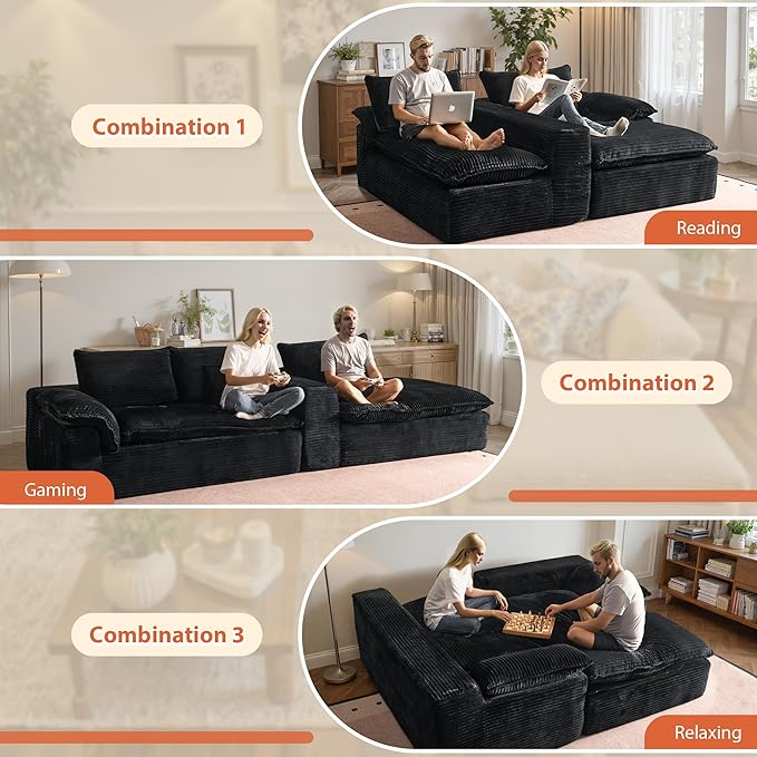 113 in Oversized Cloud Sofa with L Shape Chaise, Sectional Couches for Living Room, Assembly Free Modular Comfy Corduroy Sofa with Left Facing Chaise Longue for Home Apartment (Left Chaise, Black)