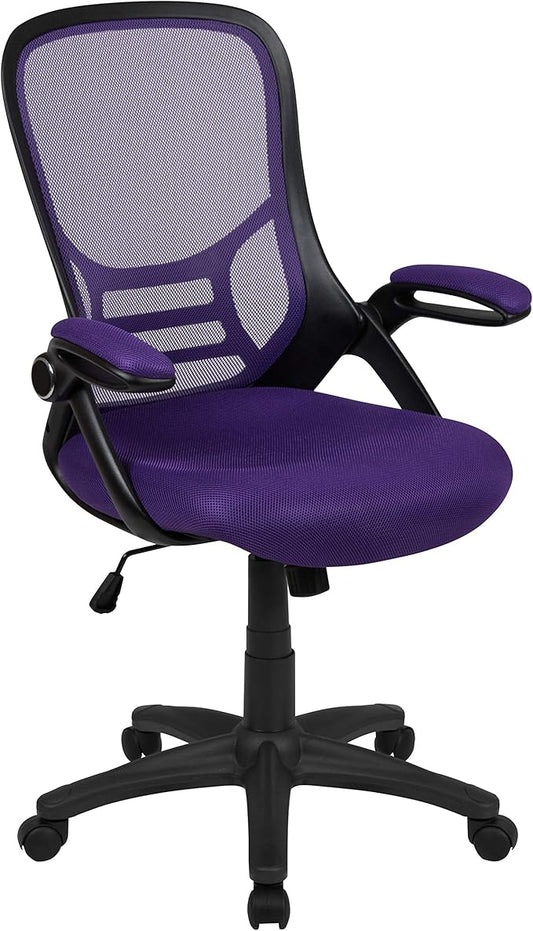 Flash Furniture Porter High-Back Swivel Office Chair with Adjustable Lumbar Support and Seat Height, Ergonomic Mesh Desk Chair with Flip-Up Armrests, Purple/Black