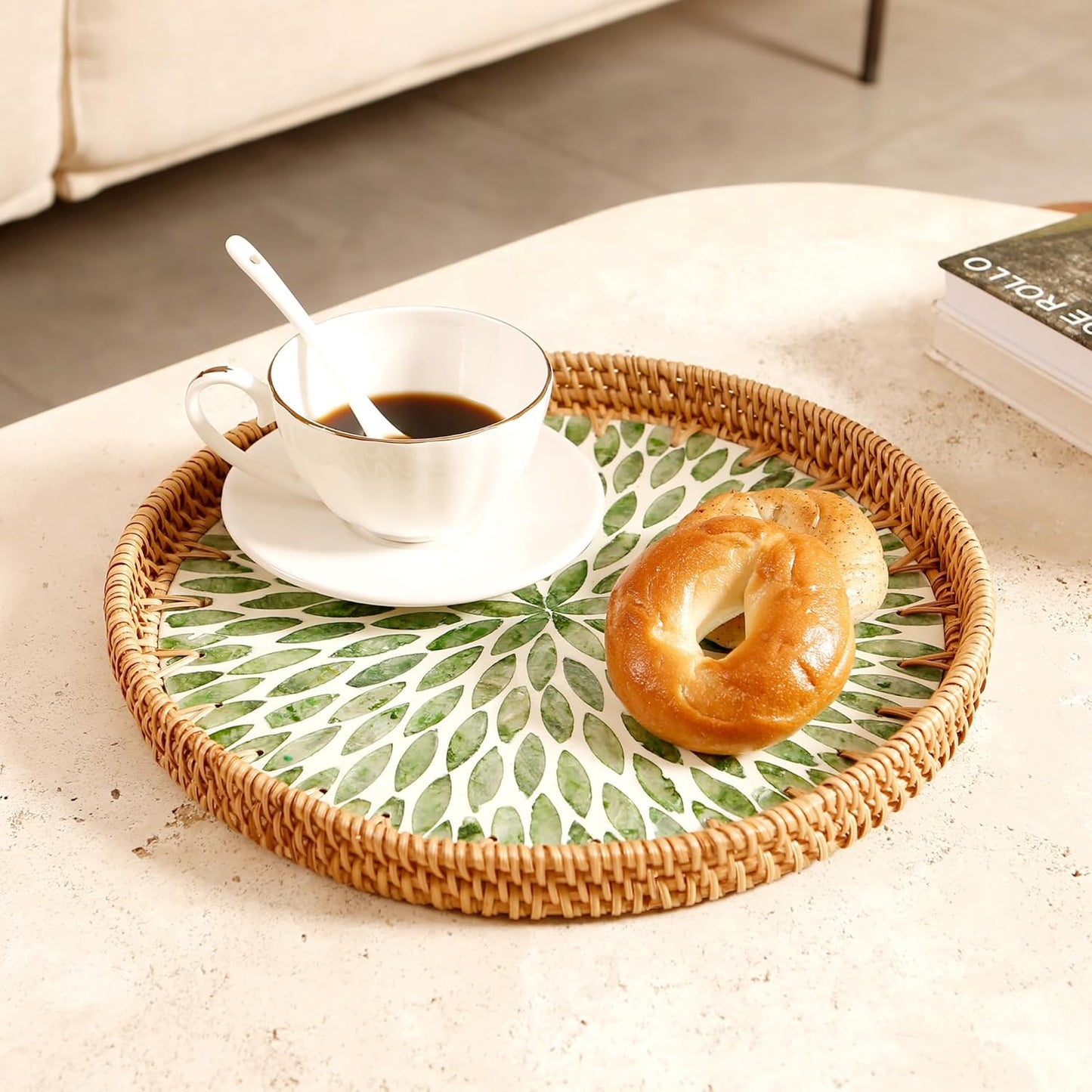 Round Rattan Tray with Mother of Pearl Inlay & Wooden Base - Decorative Wicker Serving Tray for Coffee/Bread/Fruits, Food Storage & Display - Multipurpose Home Decor (L,Green Leaves)