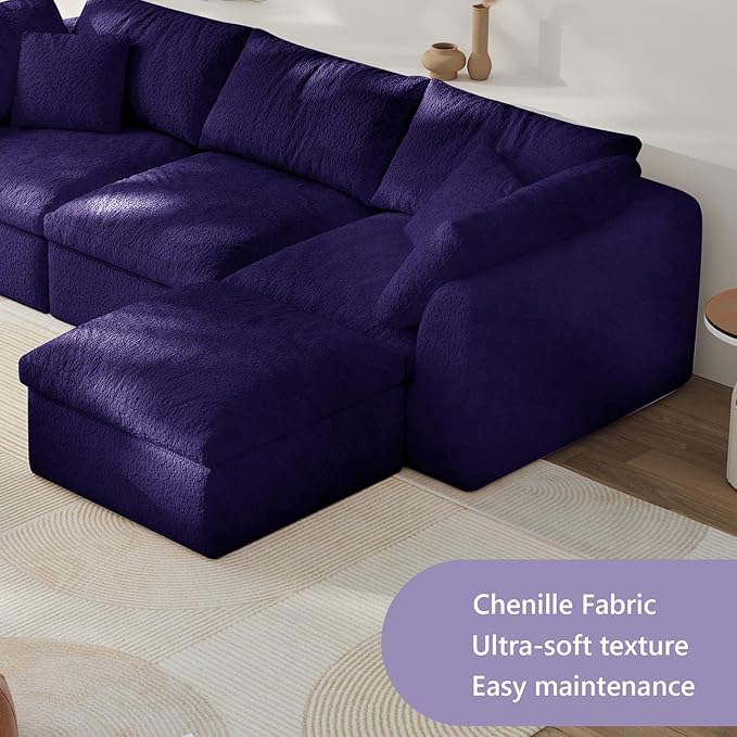 108" Boneless Cloud Couch Modular Sectional Sofa with Deep Seat for Living Room, L Shape Couch with Ottoman, Snowflake Cloth and 40D Memory Sponge，2 Throw Pillows (Purple, 3 Seater+1 Ottoman)