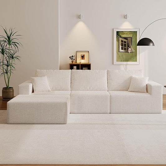 110" Boneless Cloud Sectional Couch for Living Room, Compressed Modular L-Shaped Sofa with Deep Seat, Frameless Corduroy Couch in Boxes, No Assembly Required 3-Seater (Left-Facing Chaise, Beige)