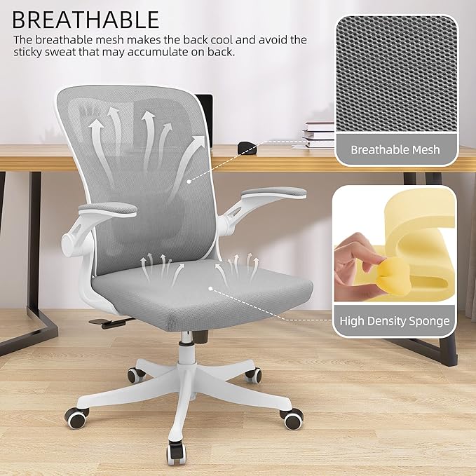 Monhey Office Chair Ergonomic Desk Chair with Lumbar Support&Headrest&Flip-up Arms Height Adjustable Rocking Swivel High Back Computer Chair Warm Taupe Mesh Study Chair (01White+Gray)
