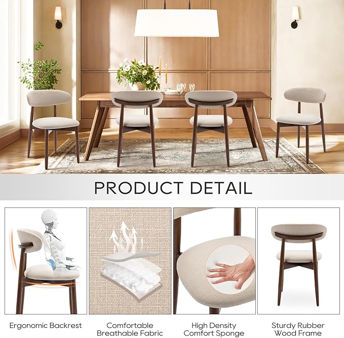 COLAMY Wooden Dining Chairs Set of 4, Modern Fabric Upholstered Kitchen Side Chairs, Farmhouse Dining Room Chairs with Foot Pegs, Beige