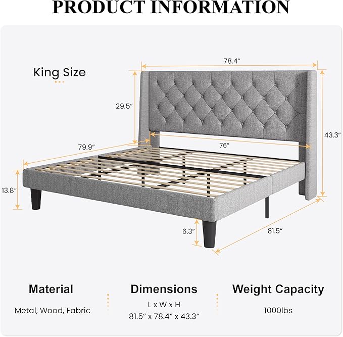 SHA CERLIN King Size Upholstered Platform Bed Frame with Wingback Headboard, Tufted Linen Fabric, Wooden Slats Support, Easy Assembly, Light Grey
